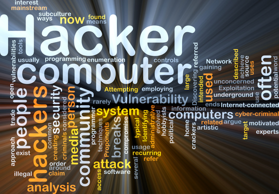 A Word Cloud of words related to hacking and computers, with 'Hacker' and 'computer' the most prominent words